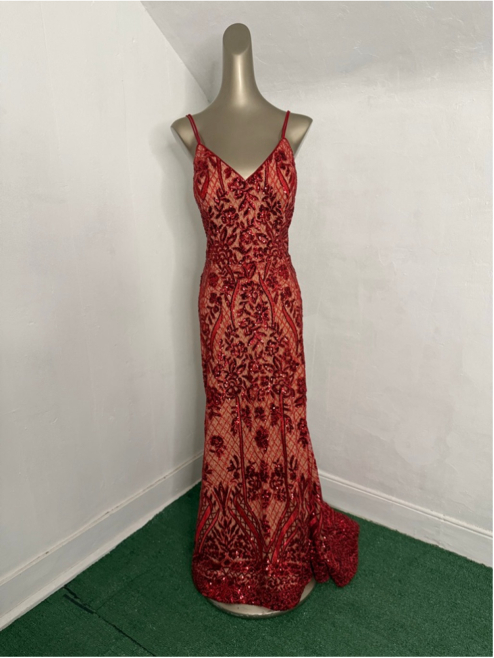 Camille La Vie Red Sequin Lace Mermaid Pageant Prom Formal Gown